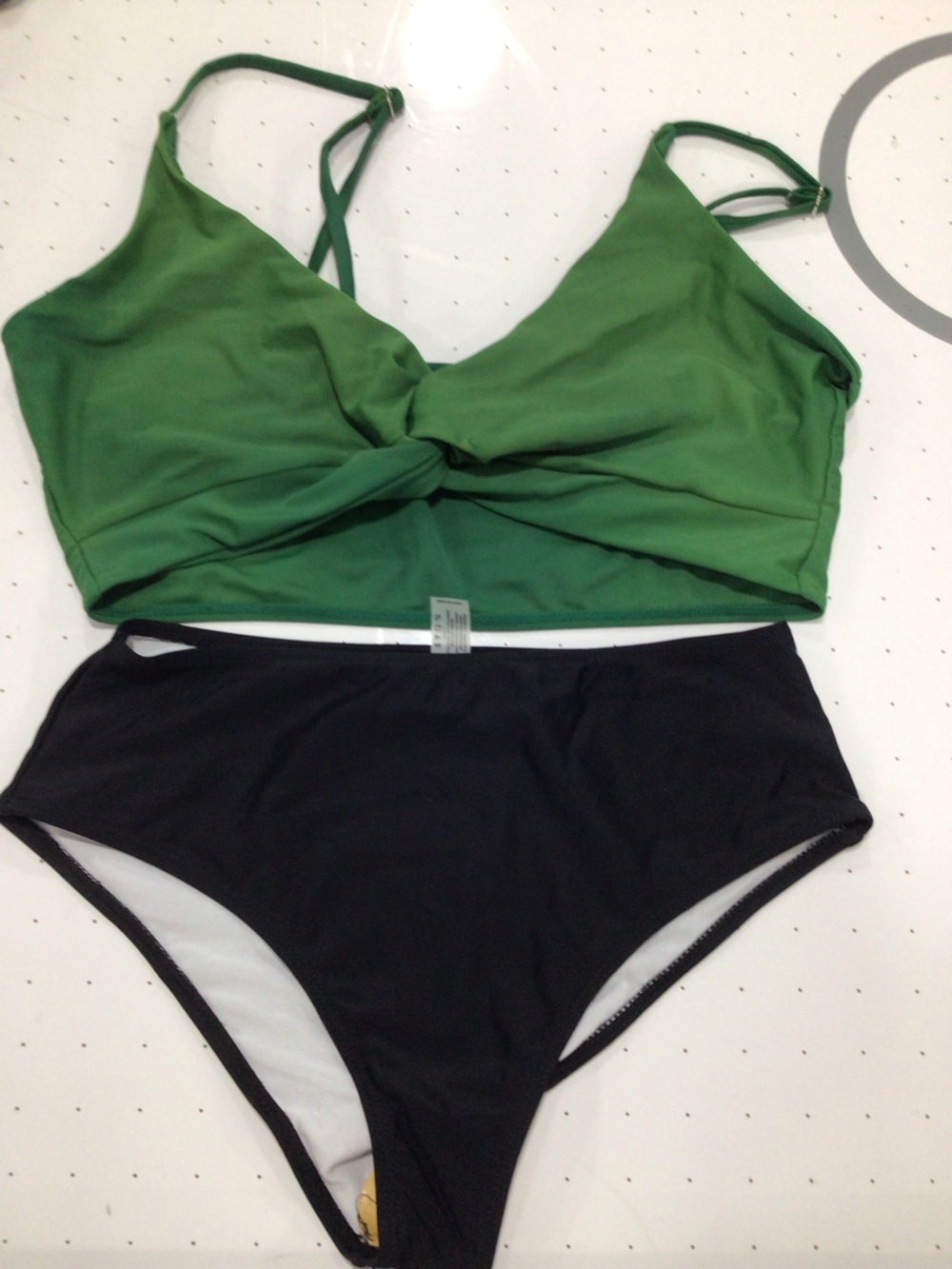 Green Twist-Front Bikini Top with Black High-Waist Bottoms - Women's Swim Set